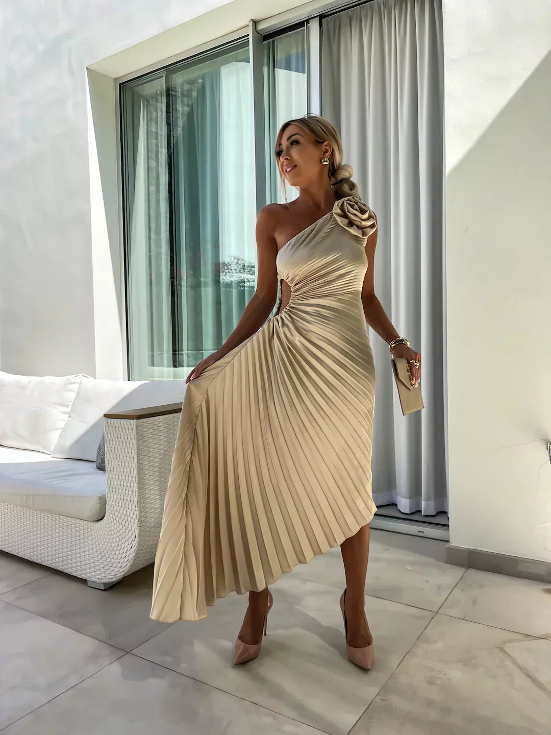 Elegante Vestido Maxi Floral de Un Solo Hombro