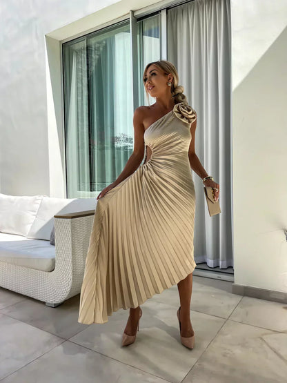 Elegante Vestido Maxi Floral de Un Solo Hombro
