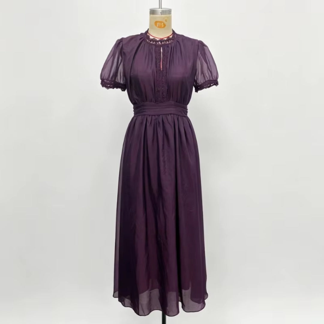 Vestido largo de gasa morado maniquí