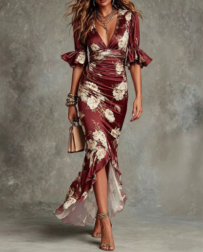 Vestido largo de satén con estampado floral