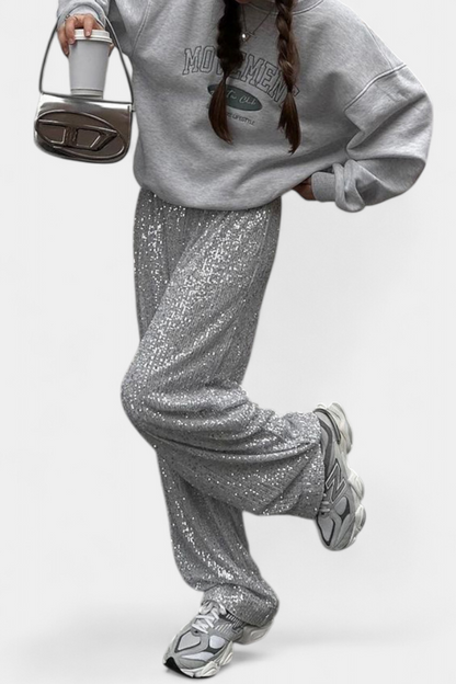 Elva Pantalones de Lentejuelas de Cintura Alta y Corte Holgado