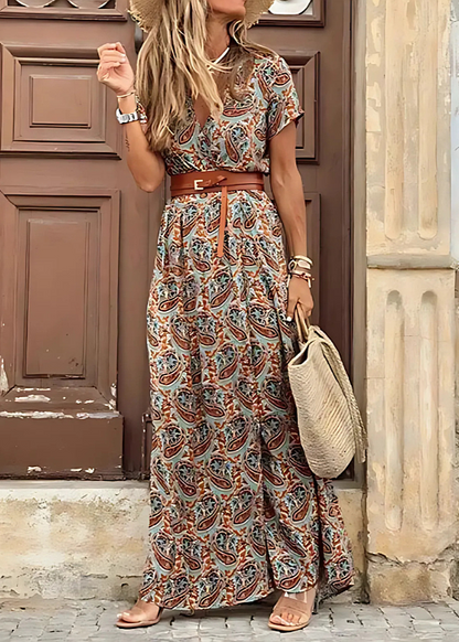 Vestido Bohème Largo con Cintura Fruncida