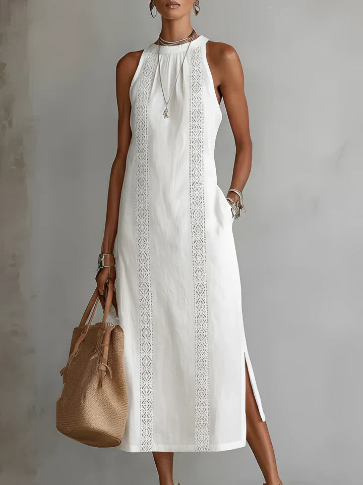 Vestido midi de lino con cuello Mao