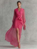 Vestido de Gasa con Escote en V y Mangas Largas