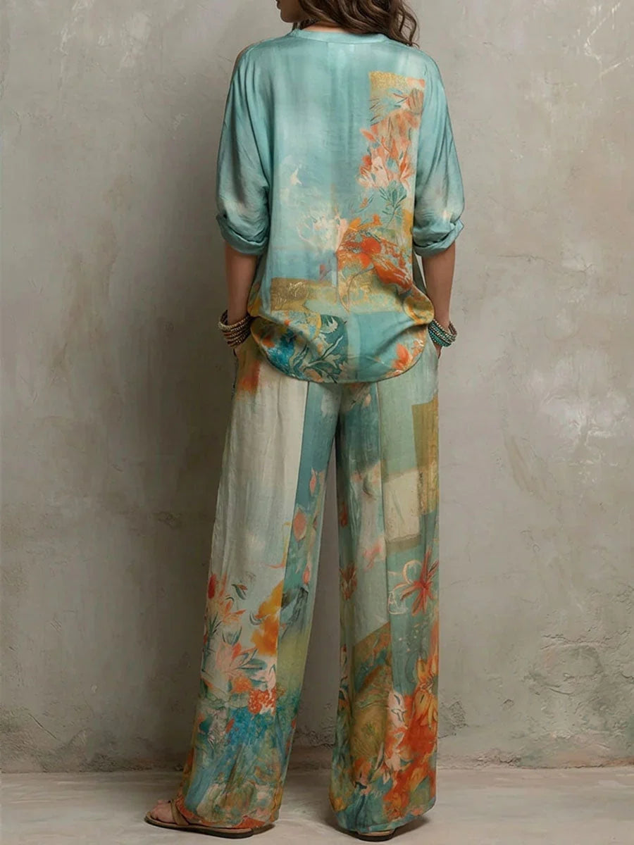 Elegante conjunto estampado floral con pantalón de pierna ancha