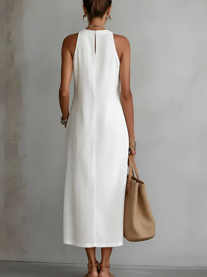 Vestido midi de lino con cuello Mao