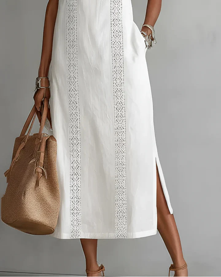 Vestido midi de lino con cuello Mao