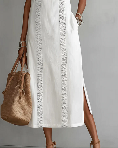 Vestido midi de lino con cuello Mao