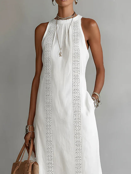 Vestido midi de lino con cuello Mao