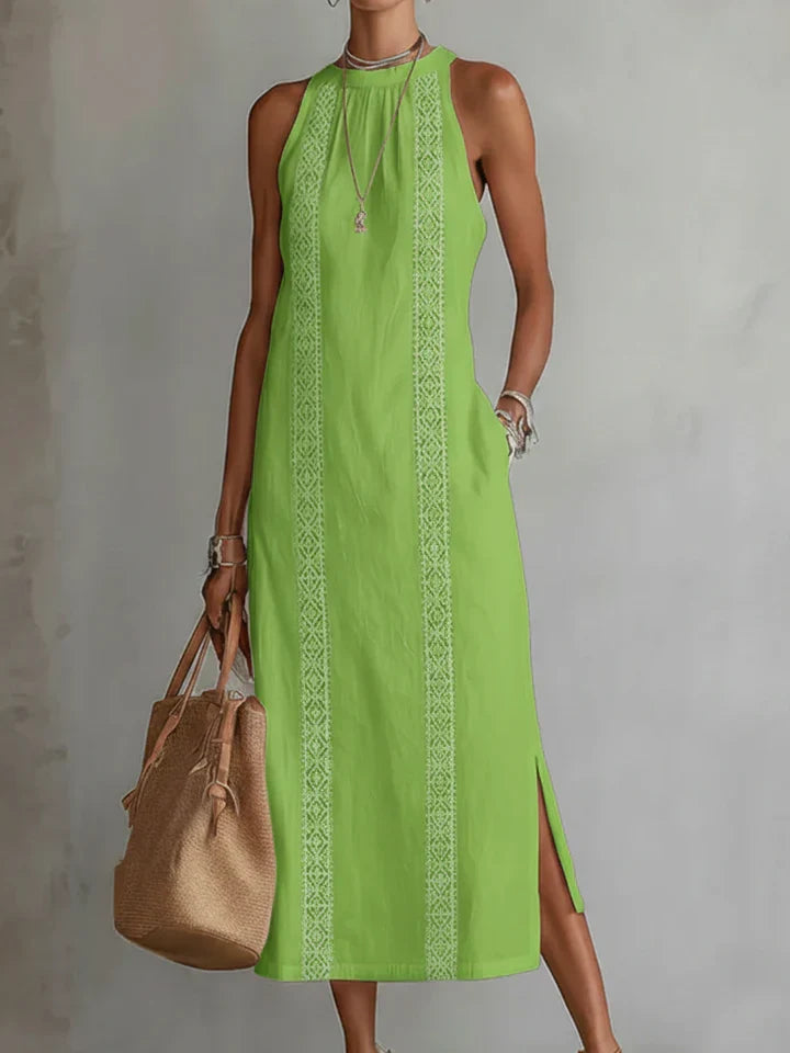 Vestido midi de lino con cuello Mao