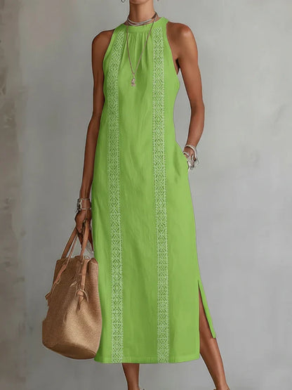 Vestido midi de lino con cuello Mao