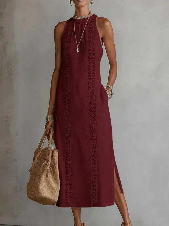 Vestido midi de lino con cuello Mao
