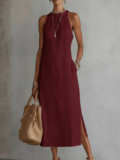 Vestido midi de lino con cuello Mao