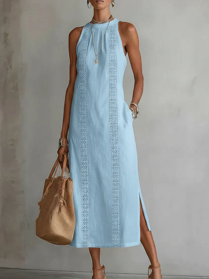 Vestido midi de lino con cuello Mao