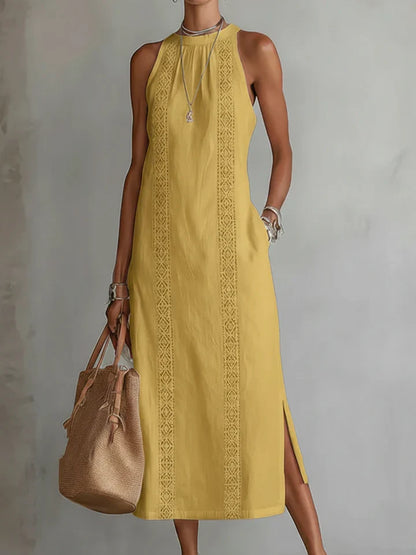 Vestido midi de lino con cuello Mao