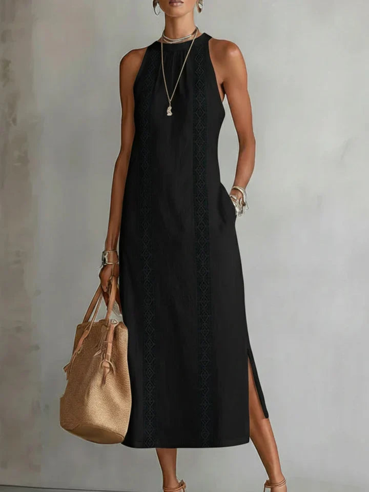 Vestido midi de lino con cuello Mao