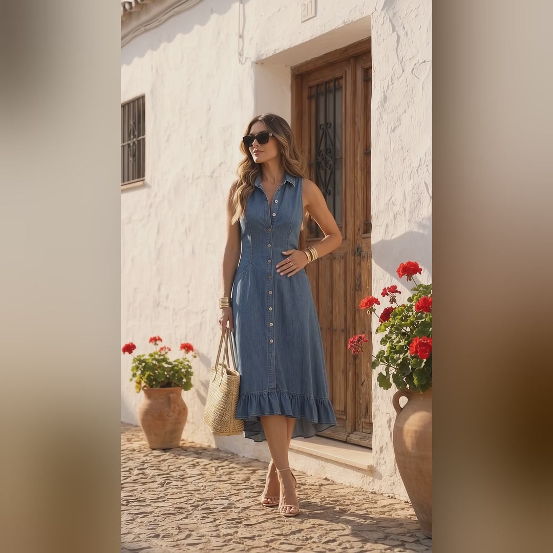 Vestido Midi con Cuello Solapa y Volantes