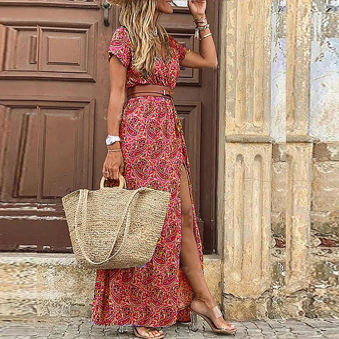Vestido Bohème Largo con Cintura Fruncida