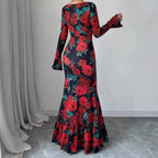 Vestido largo sirena estampado de rosas espalda