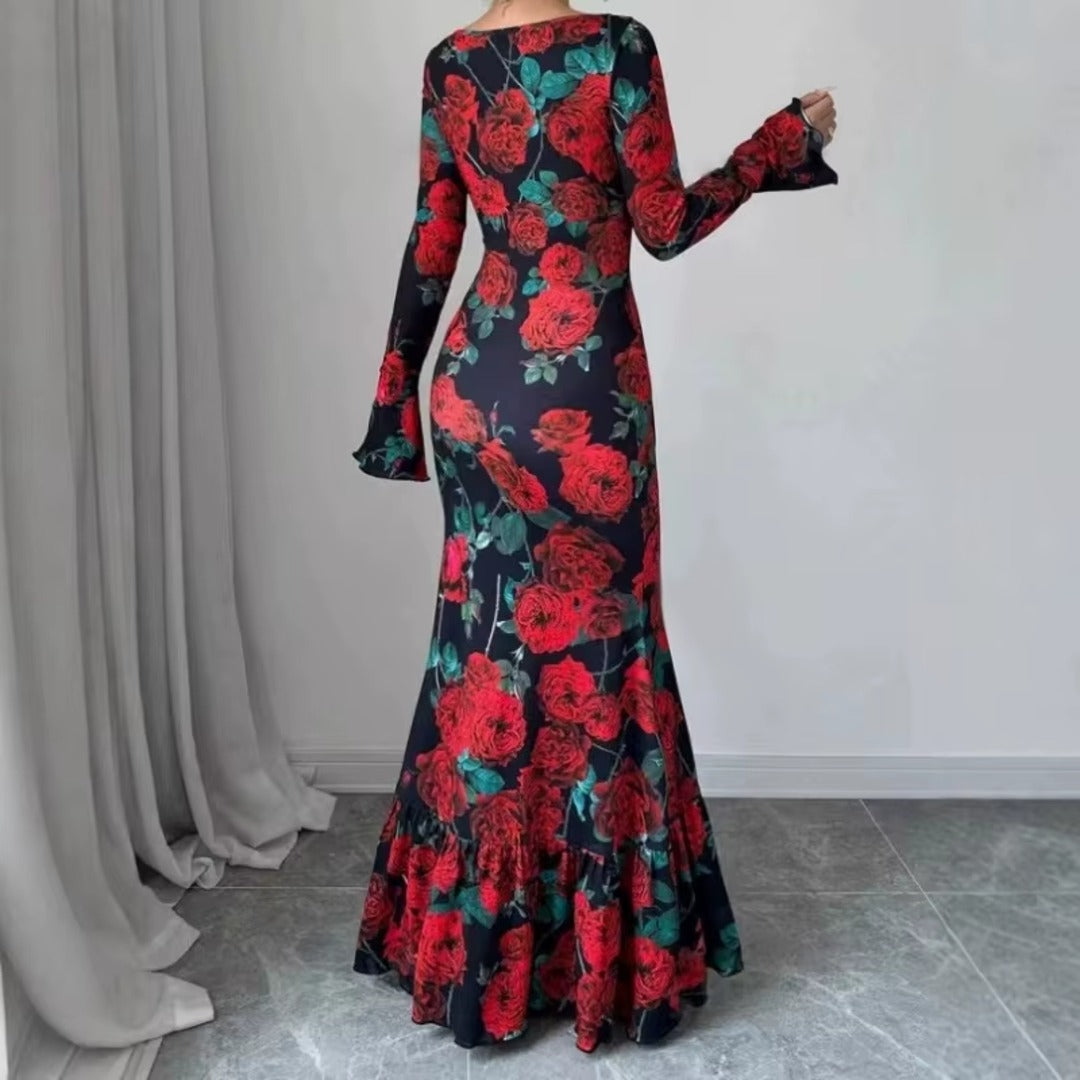 Vestido largo sirena estampado de rosas espalda