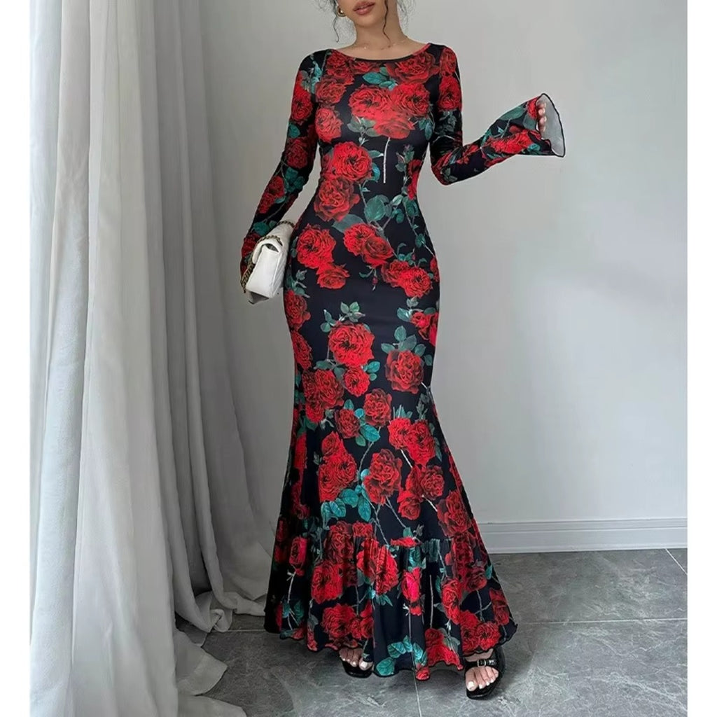 Vestido largo sirena estampado de rosas lateral