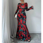 Vestido largo sirena estampado de rosas lateral