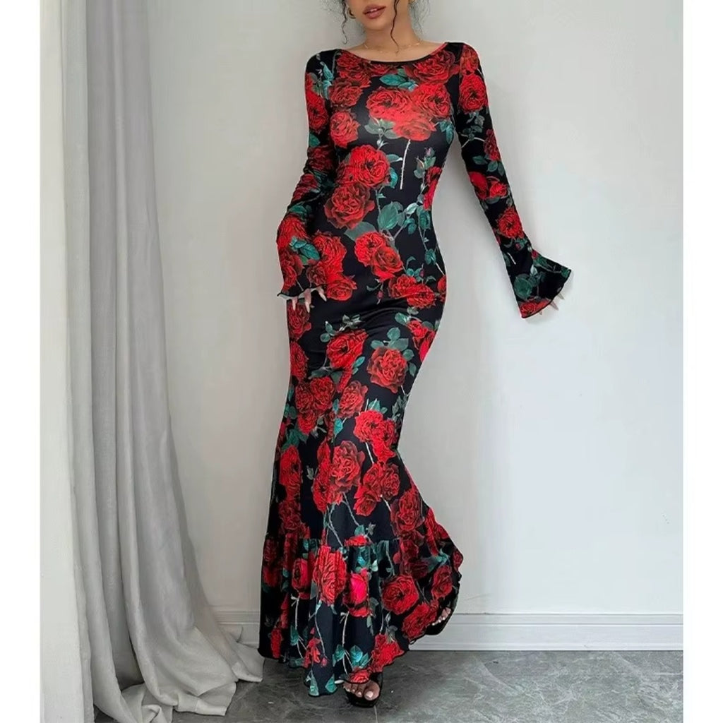 Vestido largo sirena estampado de rosas