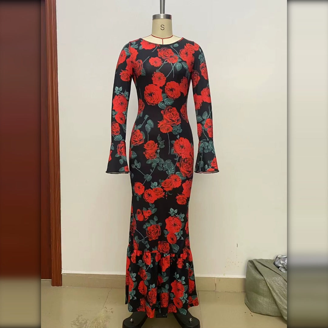 Vestido largo sirena estampado de rosas maniquí