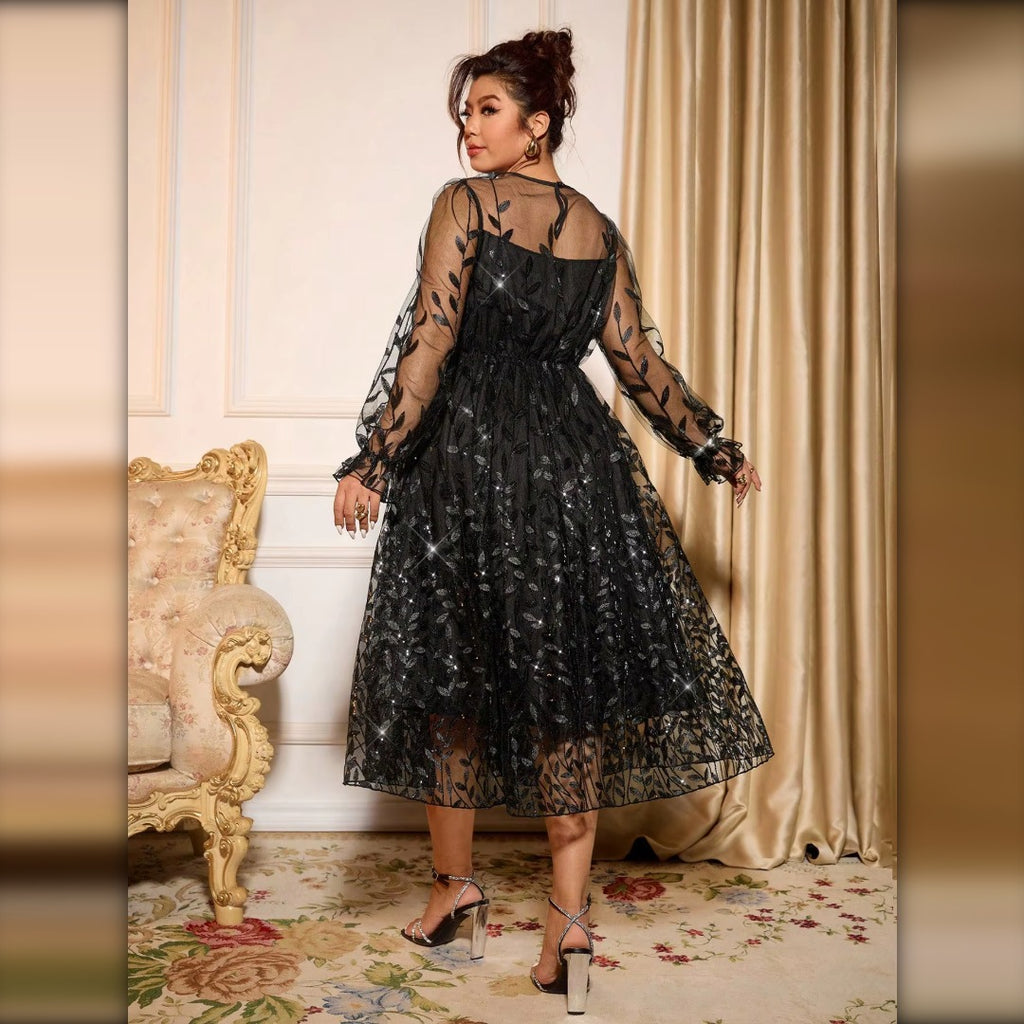 Vestido midi de tul brillante negro lateral