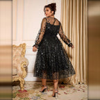 Vestido midi de tul brillante negro lateral