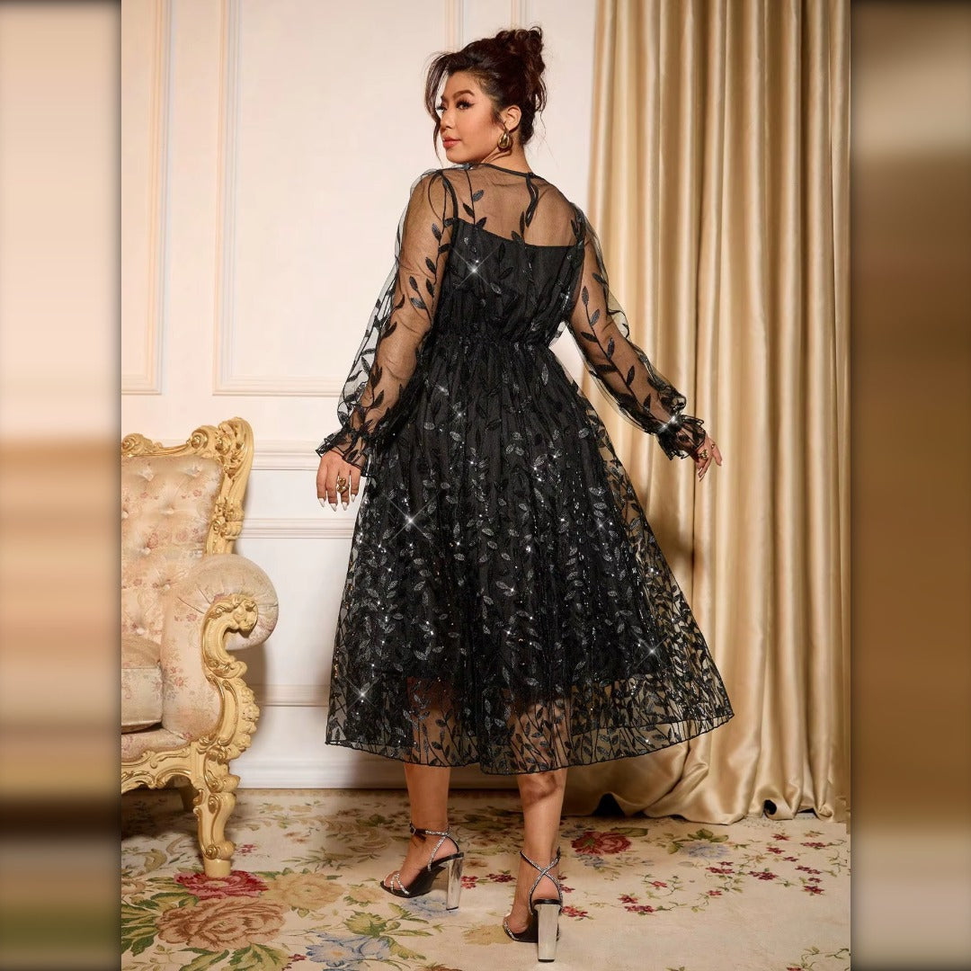 Vestido midi de tul brillante negro lateral