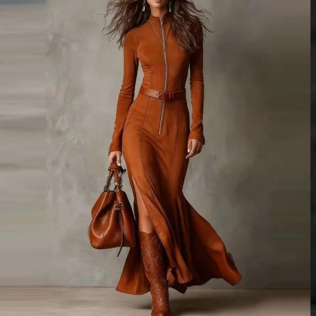Vestido Largo de Ante con Cremallera y Cinturón