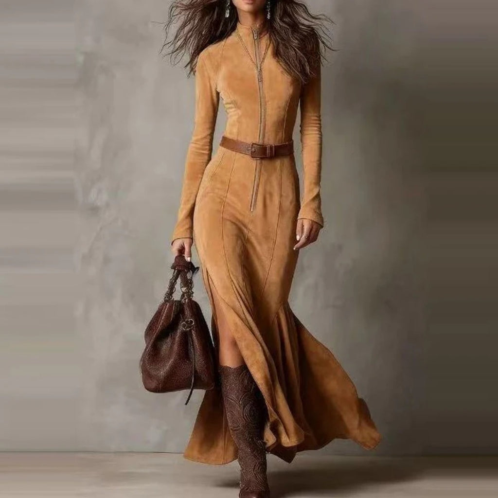 Vestido Largo de Ante con Cremallera y Cinturón
