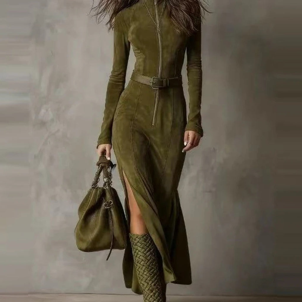 Vestido Largo de Ante con Cremallera y Cinturón