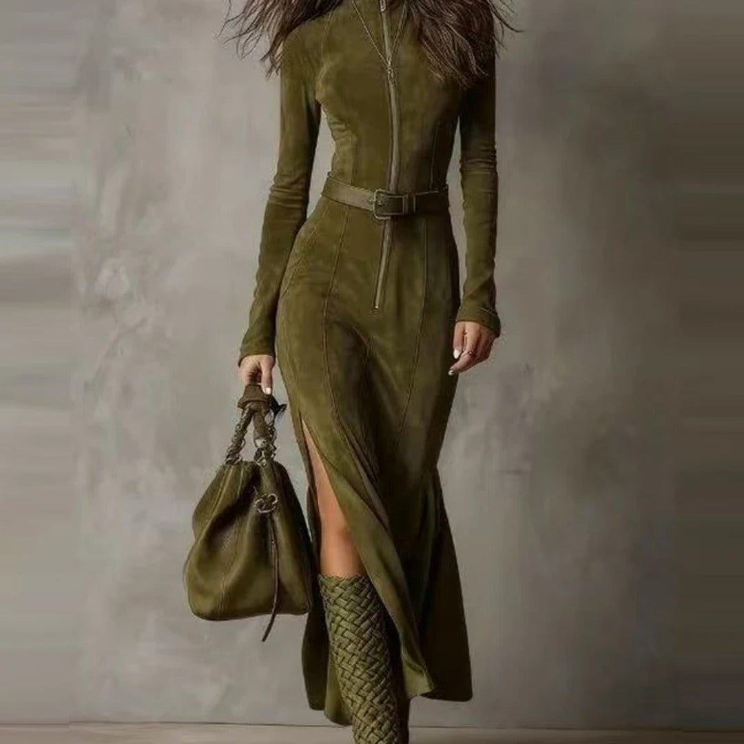 Vestido Largo de Ante con Cremallera y Cinturón
