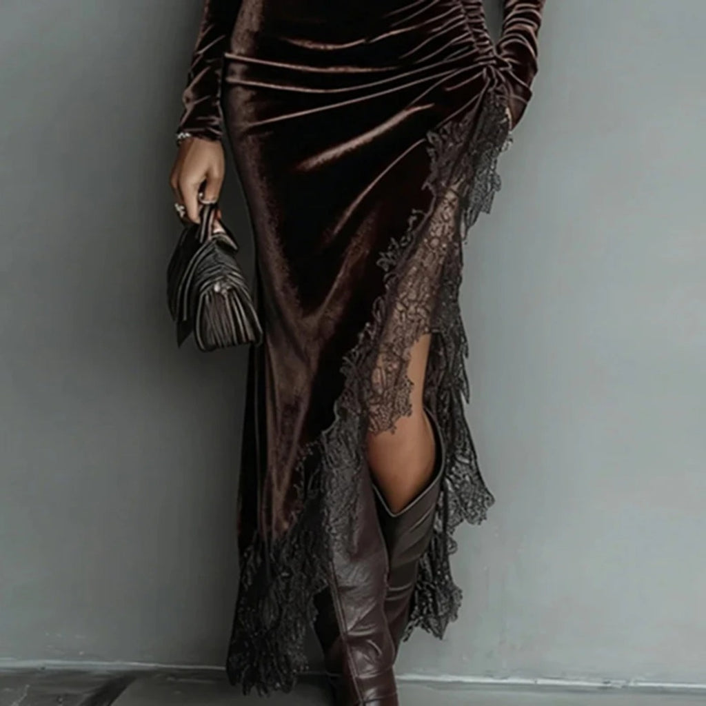Vestido Largo de Terciopelo con Encaje
