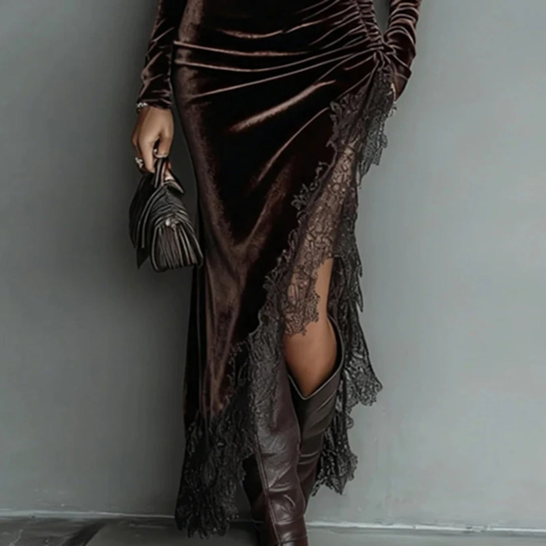 Vestido Largo de Terciopelo con Encaje