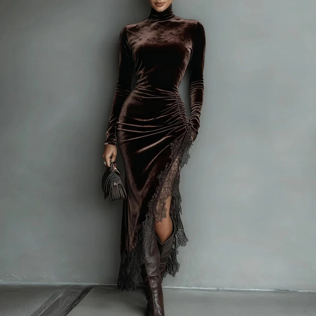 Vestido Largo de Terciopelo con Encaje
