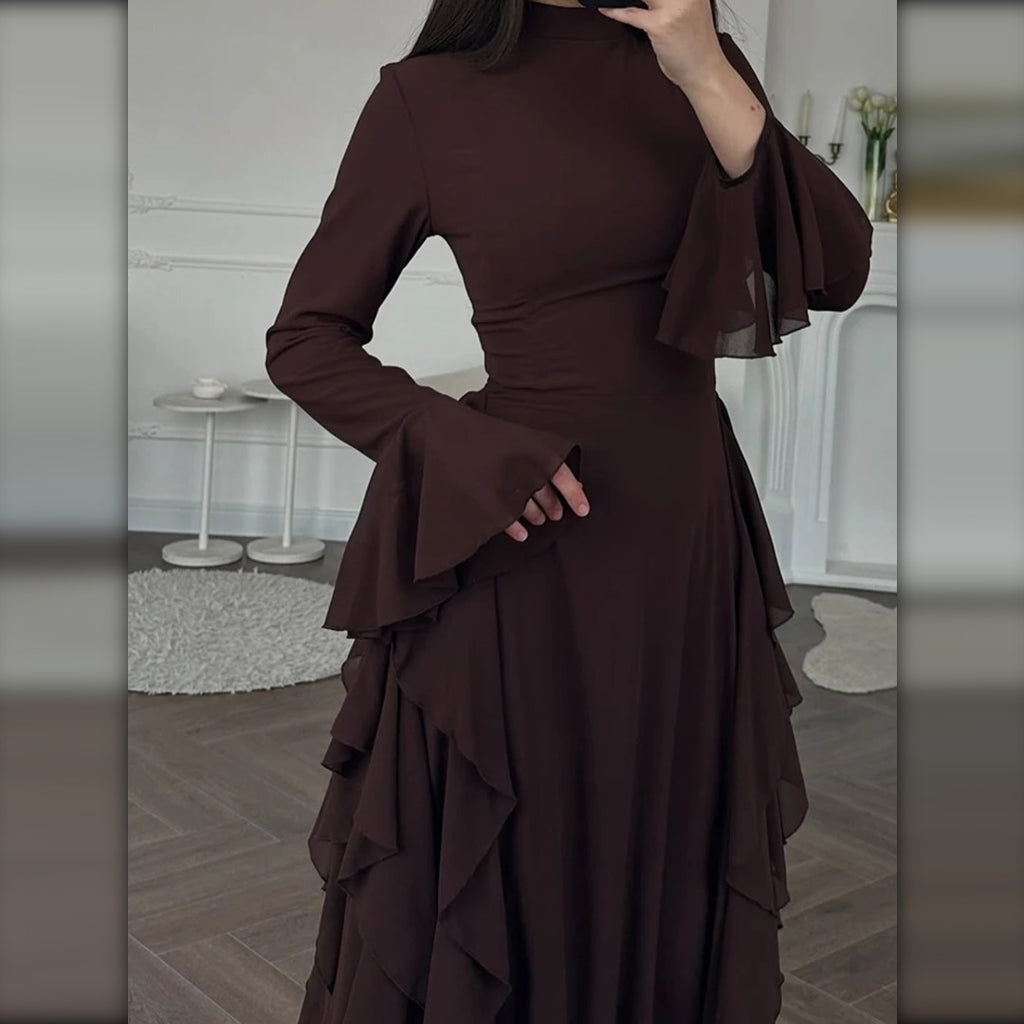 Vestido Largo con Volantes y Manga Acampanada