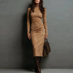 Vestido Midi de Ante con Cuello Alto
