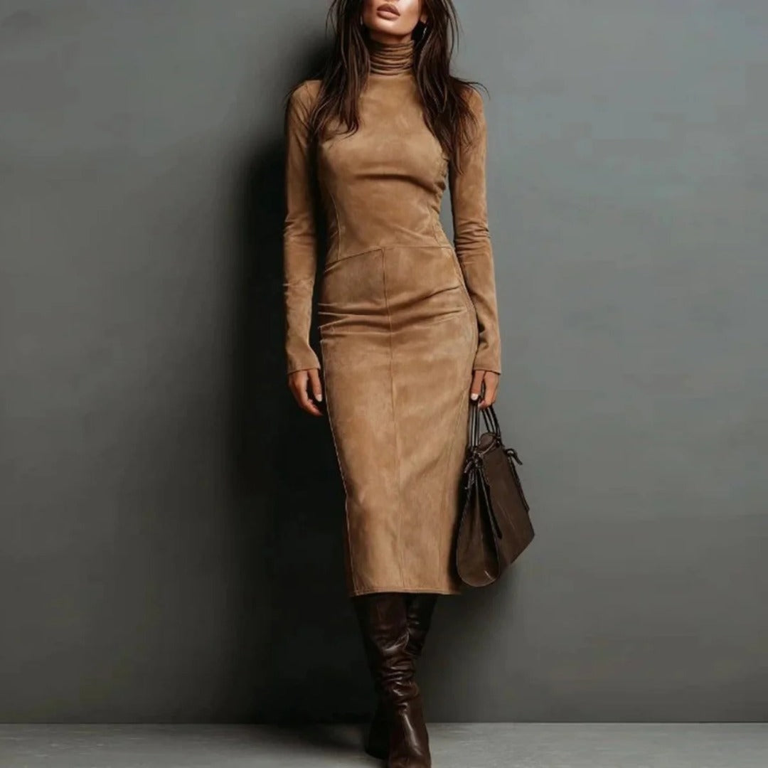 Vestido Midi de Ante con Cuello Alto