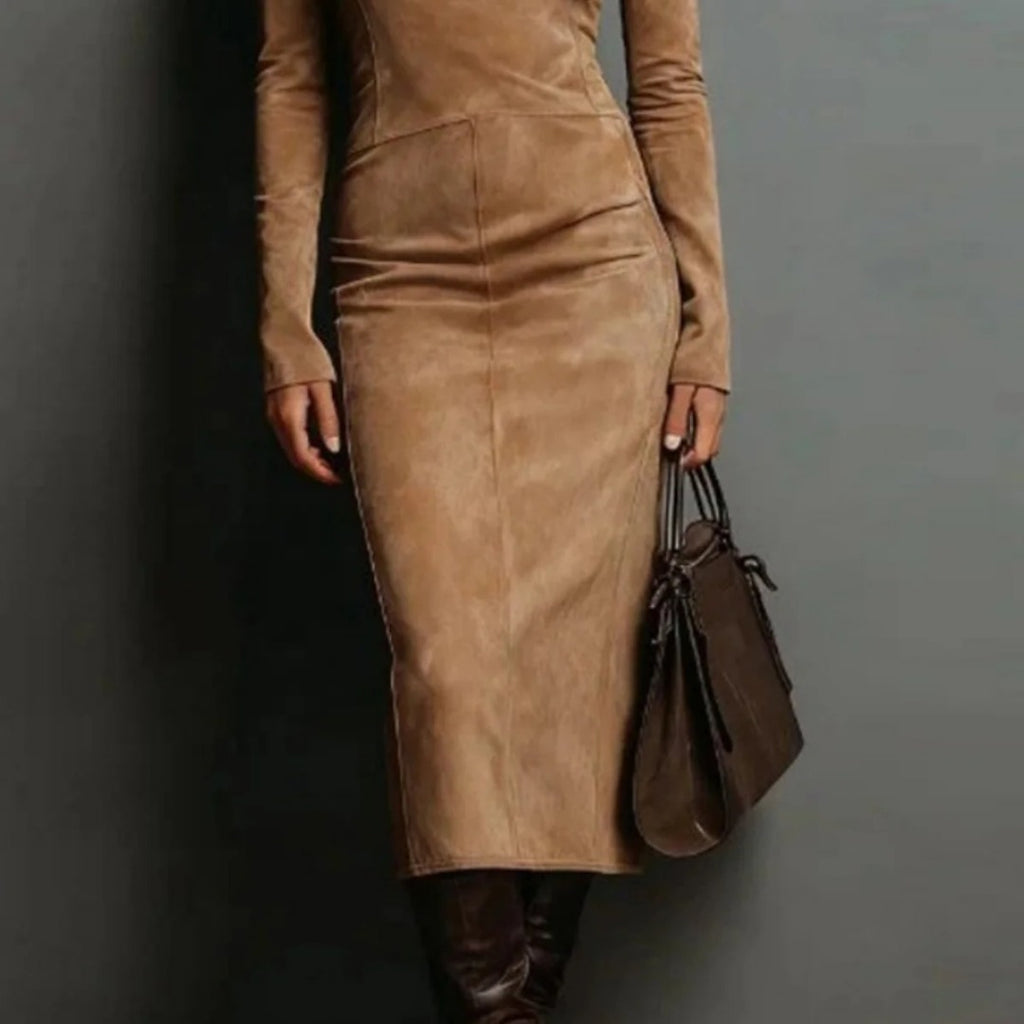 Vestido Midi de Ante con Cuello Alto