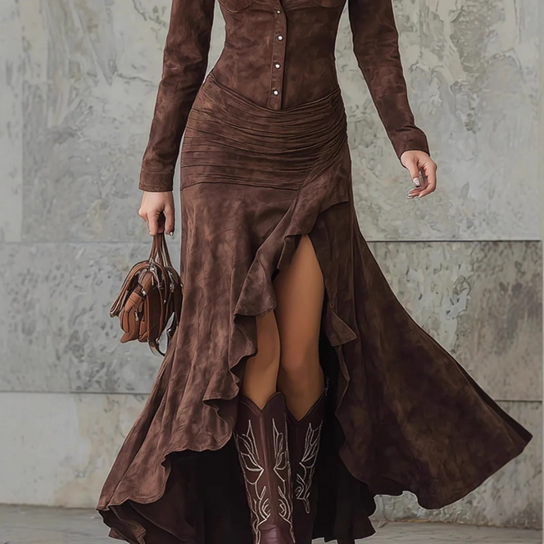Vestido Largo con Volantes y Cuello Camisero